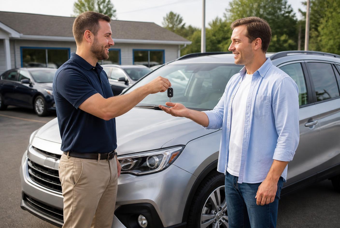 A Sugarloaf World Auto Sales team member handing keys to a happy customer